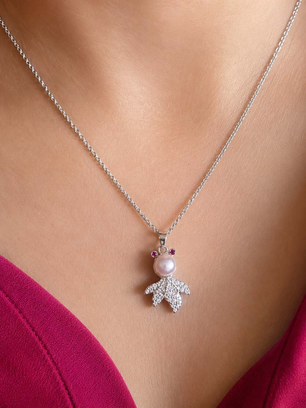 Sterling Silver Goldfish or Octopus Pendant Necklace with Freshwater Pearl and